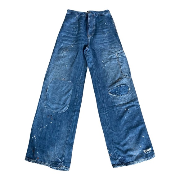 Free People Paint Splash Cargo/Carpenter Starving Artist Slouchy Medium Wash 27 - Picture 1 of 8